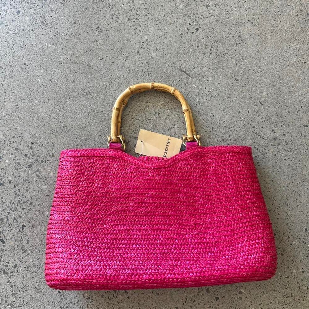 Vintage St John’s Bay Fuschia Hot Pink Woven Raffia Bamboo Handle Handbag NWT - Picture 2 of 2